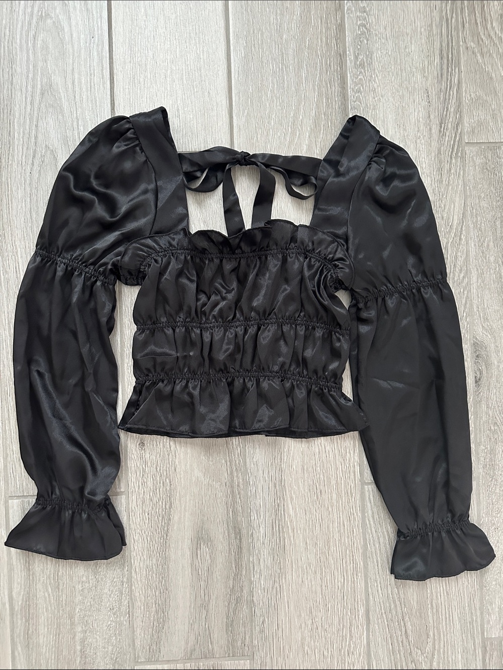 Reclaimed Vintage Black Satin Puff-Sleeve Tie-Back Crop Top